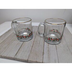 Vintage Libbey Christmas Glass Mug Holly, Gold Trim Set of 2 Holiday
